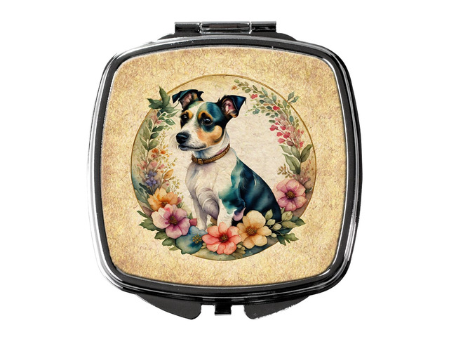 Jack Russell Terrier and Flowers Compact Mirror Decorative Travel Makeup Mirror for Women Girls Gifts Pocket Makeup Mirror Folding Handheld