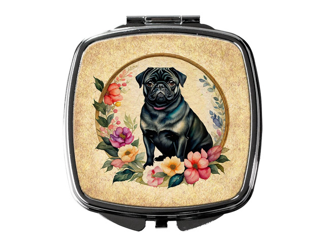 Black Pug and Flowers Compact Mirror Decorative Travel Makeup Mirror for Women Girls Gifts Pocket Makeup Mirror Folding Handheld