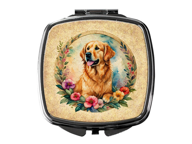 Golden Retriever and Flowers Compact Mirror Decorative Travel Makeup Mirror for Women Girls Gifts Pocket Makeup Mirror Folding Handheld