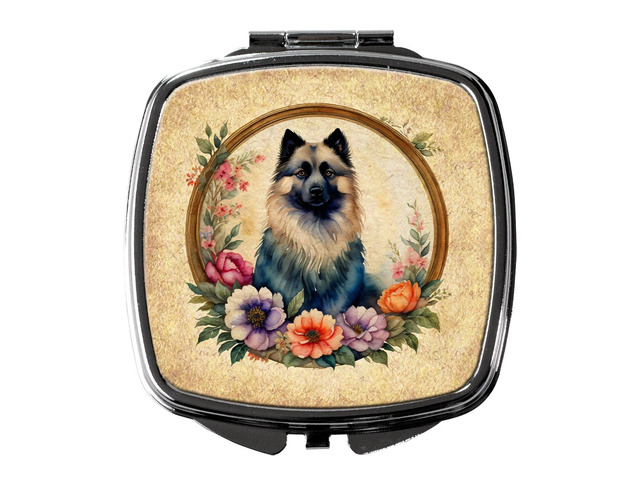 Keeshond and Flowers Compact Mirror Decorative Travel Makeup Mirror for Women Girls Gifts Pocket Makeup Mirror Folding Handheld