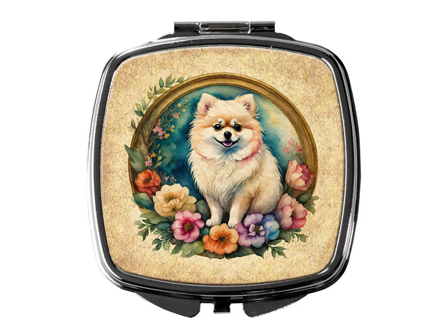 Pomeranian and Flowers Compact Mirror Decorative Travel Makeup Mirror for Women Girls Gifts Pocket Makeup Mirror Folding Handheld