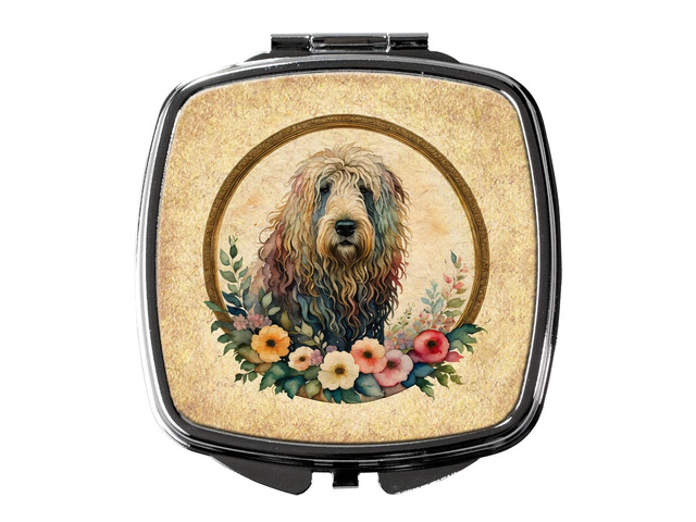 Komondor and Flowers Compact Mirror Decorative Travel Makeup Mirror for Women Girls Gifts Pocket Makeup Mirror Folding Handheld