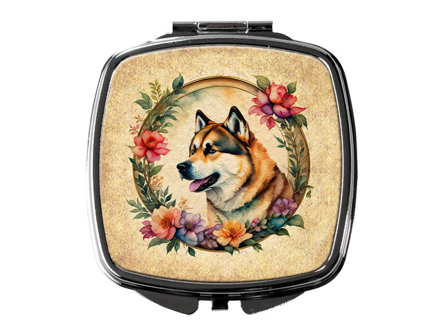 Akita and Flowers Compact Mirror Decorative Travel Makeup Mirror for Women Girls Gifts Pocket Makeup Mirror Folding Handheld