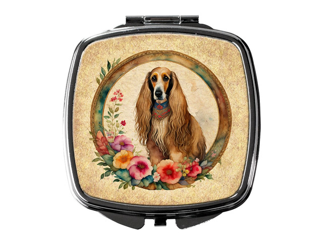 Afghan Hound and Flowers Compact Mirror Decorative Travel Makeup Mirror for Women Girls Gifts Pocket Makeup Mirror Folding Handheld