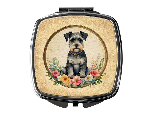 Schnauzer and Flowers Compact Mirror Decorative Travel Makeup Mirror for Women Girls Gifts Pocket Makeup Mirror Folding Handheld