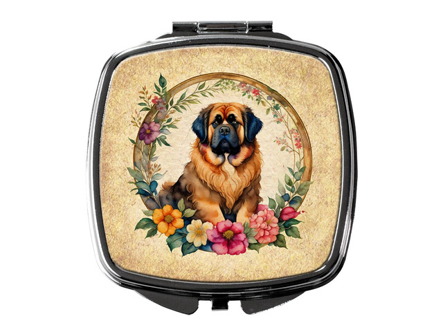 Tibetan Mastiff and Flowers Compact Mirror Decorative Travel Makeup Mirror for Women Girls Gifts Pocket Makeup Mirror Folding Handheld