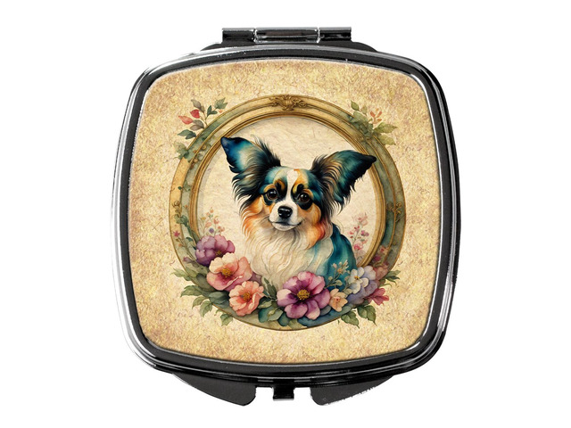 Papillon and Flowers Compact Mirror Decorative Travel Makeup Mirror for Women Girls Gifts Pocket Makeup Mirror Folding Handheld