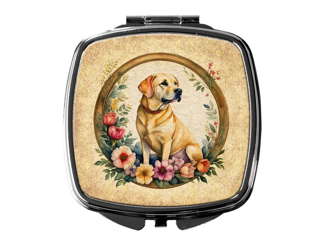 Yellow Labrador Retriever and Flowers Compact Mirror Decorative Travel Makeup Mirror for Women Girls Gifts Pocket Makeup Mirror Folding Handheld