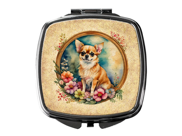 Chihuahua and Flowers Compact Mirror Decorative Travel Makeup Mirror for Women Girls Gifts Pocket Makeup Mirror Folding Handheld