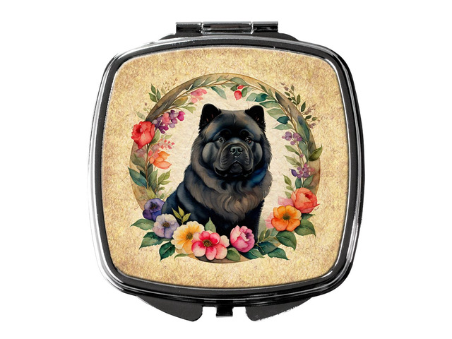 Black Chow Chow and Flowers Compact Mirror Decorative Travel Makeup Mirror for Women Girls Gifts Pocket Makeup Mirror Folding Handheld