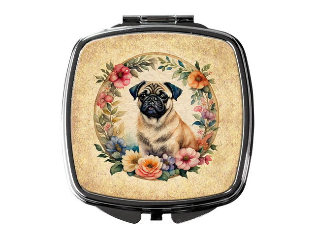 Fawn Pug and Flowers Compact Mirror Decorative Travel Makeup Mirror for Women Girls Gifts Pocket Makeup Mirror Folding Handheld