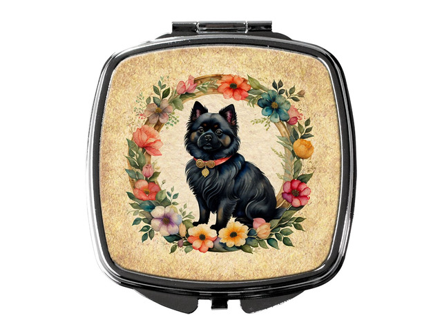 German Spitz and Flowers Compact Mirror Decorative Travel Makeup Mirror for Women Girls Gifts Pocket Makeup Mirror Folding Handheld