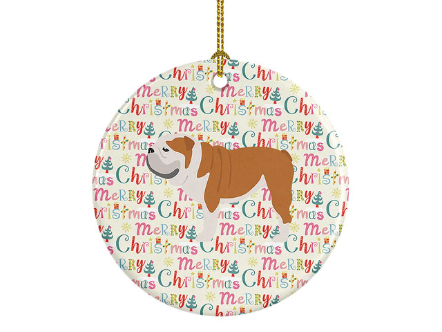English Bulldog Merry Christmas Ceramic Ornament Christmas Tree Hanging Decorations for Home Christmas Holiday, Party, Gift, 3 in, Multicolor