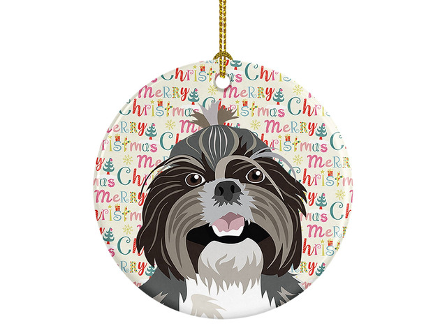 Shih-Tzu Silver and White #2 Christmas Ceramic Ornament Christmas Tree Hanging Decorations for Home Christmas Holiday, Party, Gift, 3 in, Multicolor