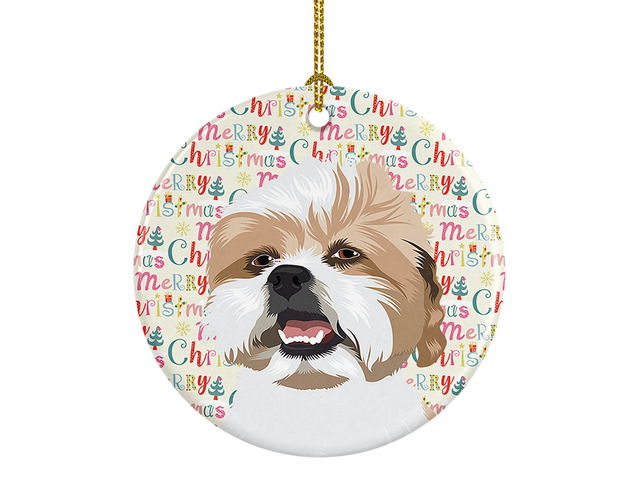 Shih-Tzu Silver Gold and White Christmas Ceramic Ornament Christmas Tree Hanging Decorations for Home Christmas Holiday, Party, Gift, 3 in, Multicolor
