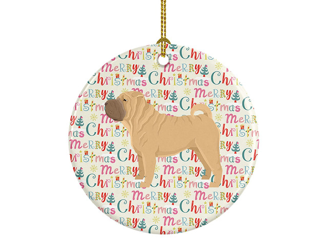 Shar Pei Merry Christmas Ceramic Ornament Christmas Tree Hanging Decorations for Home Christmas Holiday, Party, Gift, 3 in, Multicolor