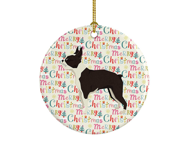 Boston Terrier Merry Christmas Ceramic Ornament Christmas Tree Hanging Decorations for Home Christmas Holiday, Party, Gift, 3 in, Multicolor