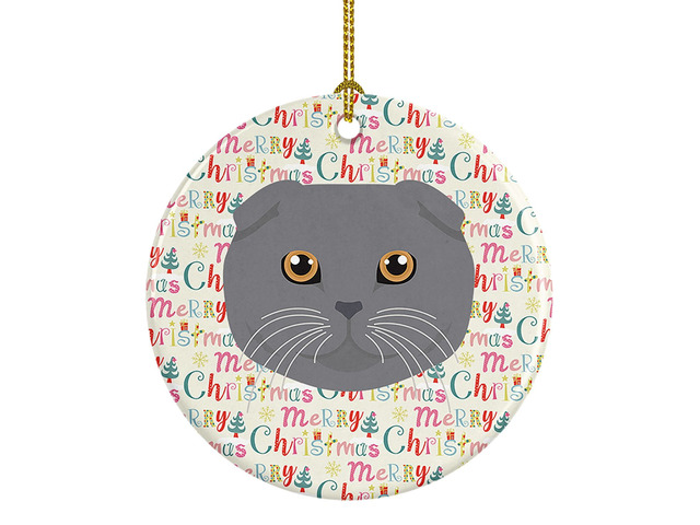 Scottish Fold Cat Christmas Ceramic Ornament Christmas Tree Hanging Decorations for Home Christmas Holiday, Party, Gift, 3 in, Multicolor