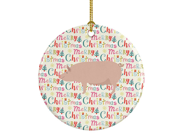 English Large White Pig Christmas Ceramic Ornament Christmas Tree Hanging Decorations for Home Christmas Holiday, Party, Gift, 3 in, Multicolor