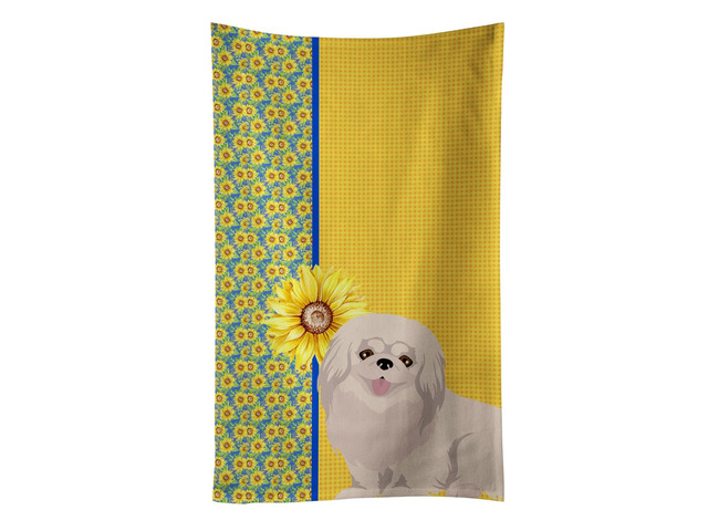 Summer Sunflowers White Pekingese Kitchen Towel Dish Cloths Guest Hand Towel Decorative Bathroom Towel for Face,Tea, Dishcloth, Kitchen and Bath
