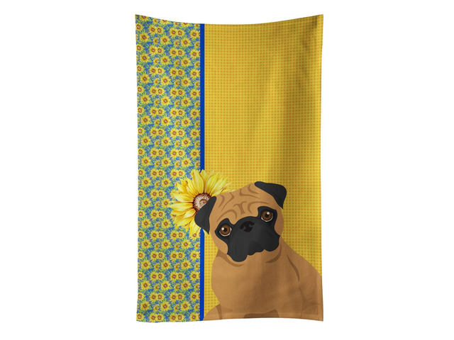 Summer Sunflowers Apricot Pug Kitchen Towel Dish Cloths Guest Hand Towel Decorative Bathroom Towel for Face,Tea, Dishcloth, Kitchen and Bath
