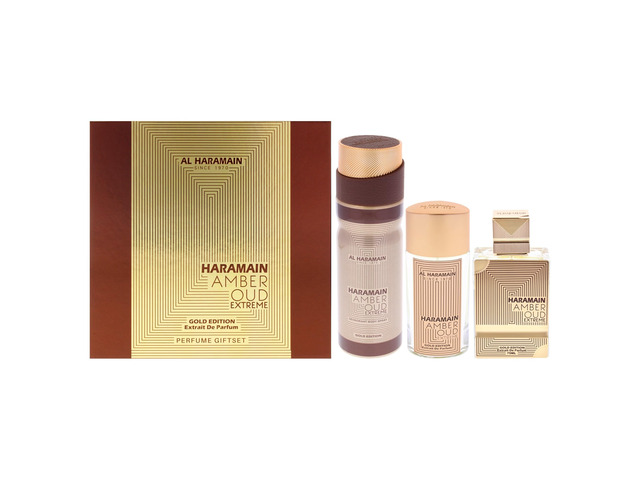 Al Haramain Amber Oud Gold Edition Extreme 3 Pc Gift Set - Unisex Luxury Cologne - Perfume for Men & Women - 2.5oz EDP Spray, 1oz EDP Spray, 6.6oz...