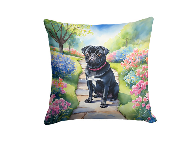 Black Pug Spring Path Throw Pillow Machine Washable, Indoor Outdoor Decorative Pillow for Couch, Bed or Patio, 18Hx18W