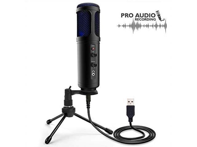 usb plug and play microphone portable pro audio condenser recording desk mic w/adjustable gain, headphone jack, mute control, tripod stand for...