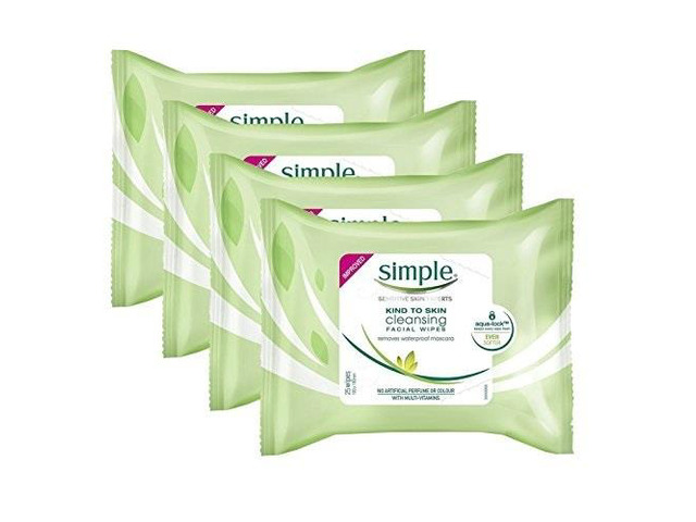 simple sensitive skin experts kind to skin cleansing facial wipes, waterproof mascara remover, even softer, 25 count, 4 pack