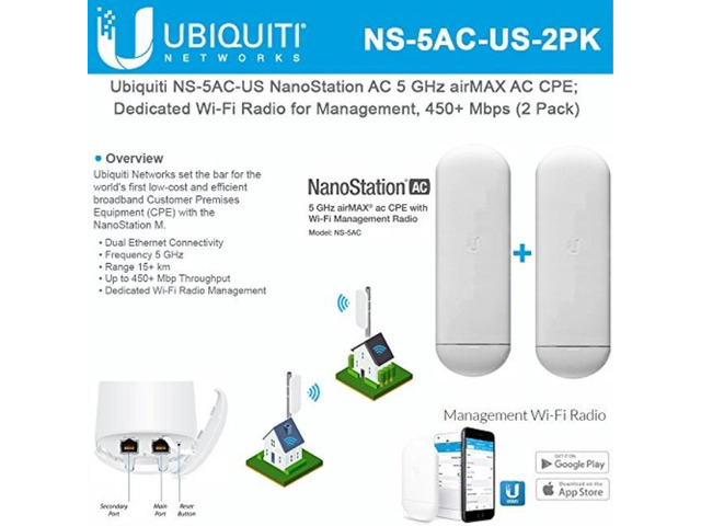 nanostation ac ns5acus 5 ghz airmax ac cpe dedicated wifi radio for management 450+ mbps 2 pack