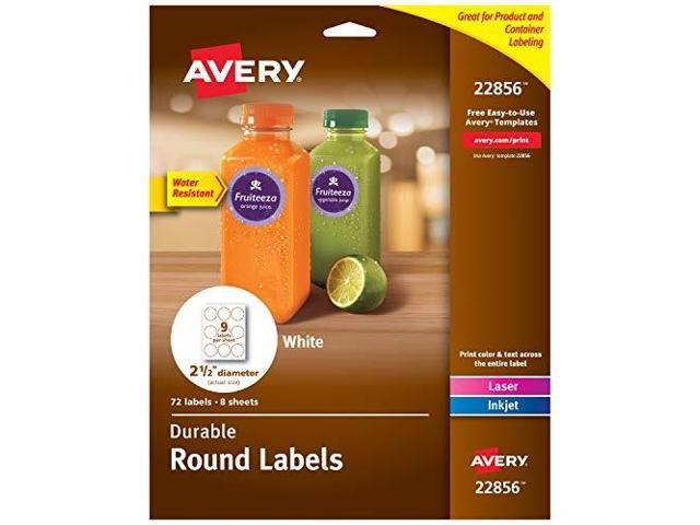 Avery Printable Waterproof Round Labels with Sure Feed, 2.5' Diameter, White, 72 Customizable Labels (22856)
