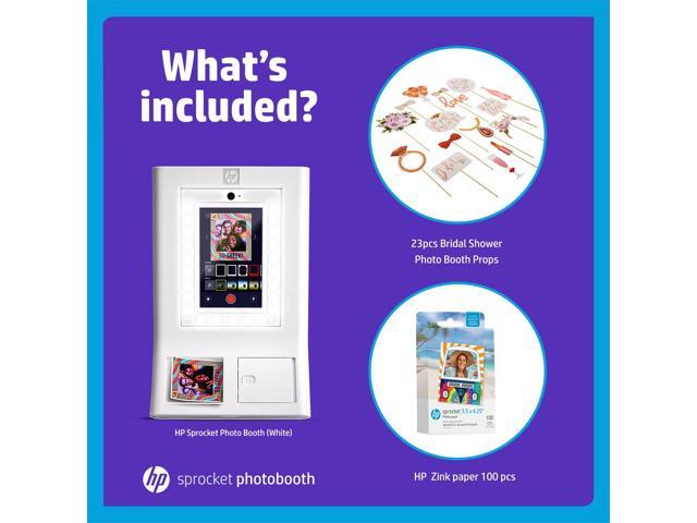 HP Sprocket Photo Booth Machine Instant Color Photo Printer (White) + Zink Paper (100 Sheets) + Bridal Shower Photo Booth Props (23pc)