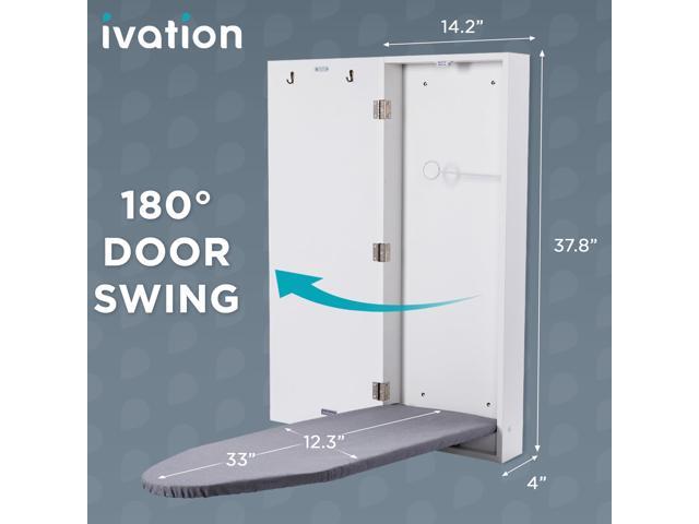 Ivation Wall-Mounted Ironing Board Cabinet, Foldable Ironing Storage Station for Home, Apartment, Easy-Release Lever, Garment Hooks, White