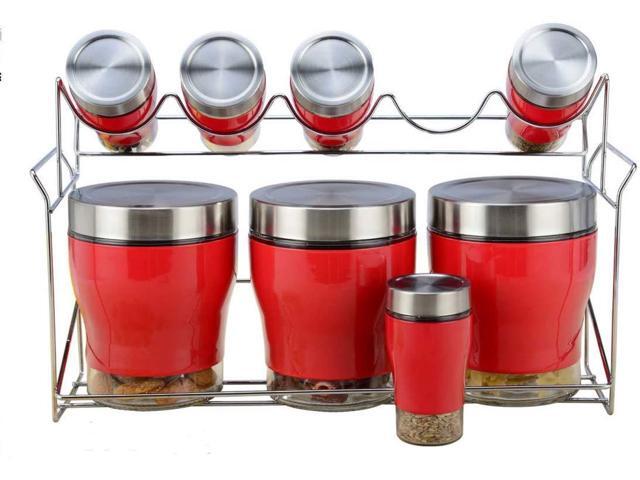 9 Piece Stainless Steel Red Color And Glass Kitchen Counter Storage and Spice Jar Rack Set