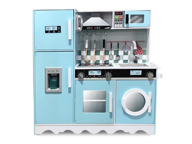 Lil Jumbl Kids Blue Kitchen Set, Pretend Wooden Play Kitchen, Battery Operated Icemaker, Microwave, Range Hood, Stove Top, Oven, with Realistic...