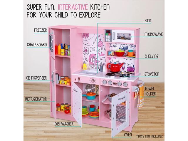 Lil' Jumbl Kids Kitchen Set, Pretend Wooden Play Kitchen, Battery Operated Icemaker & Microwave with Realistic Sound, Pots & Pan Included - Pink