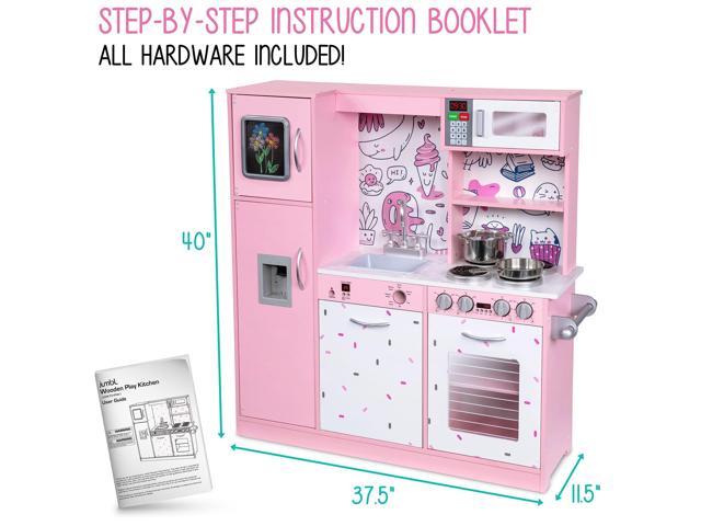 Lil' Jumbl Kids Kitchen Set, Pretend Wooden Play Kitchen, Battery Operated Icemaker & Microwave with Realistic Sound, Pots & Pan Included - Pink