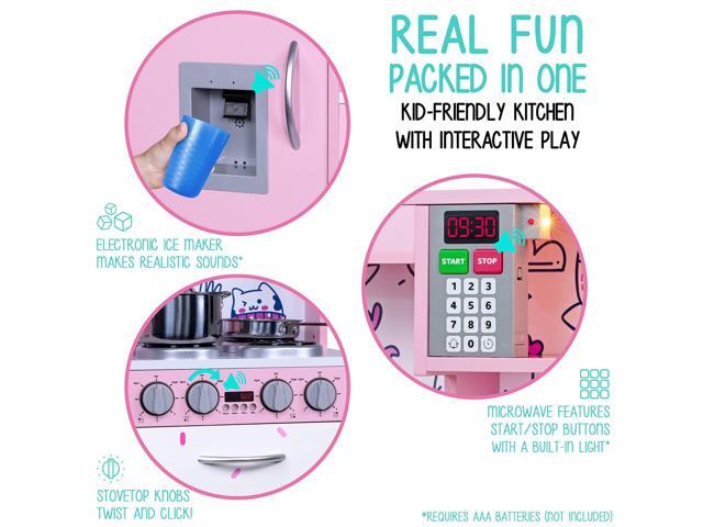 Lil' Jumbl Kids Kitchen Set, Pretend Wooden Play Kitchen, Battery Operated Icemaker & Microwave with Realistic Sound, Pots & Pan Included - Pink