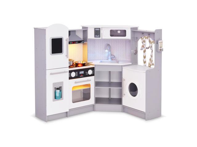 Lil' Jumbl Kids Corner Kitchen Set, Pretend Wooden Deluxe Play Kitchen, Battery Operated Icemaker, Stovetop & Faucet with Realistic Sound - Grey
