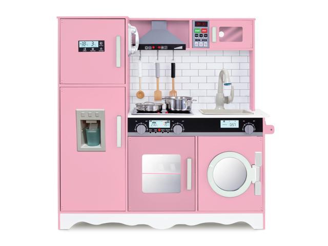 Lil Jumbl Kids Pink Kitchen Set, Pretend Wooden Play Kitchen, Battery Operated Icemaker, Microwave, Range Hood, Stove Top, Oven, with Realistic...