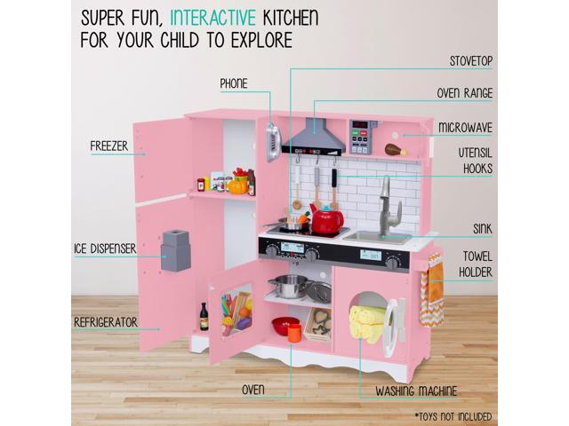 Lil Jumbl Kids Pink Kitchen Set, Pretend Wooden Play Kitchen, Battery Operated Icemaker, Microwave, Range Hood, Stove Top, Oven, with Realistic...
