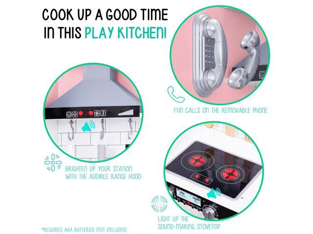 Lil Jumbl Kids Pink Kitchen Set, Pretend Wooden Play Kitchen, Battery Operated Icemaker, Microwave, Range Hood, Stove Top, Oven, with Realistic...