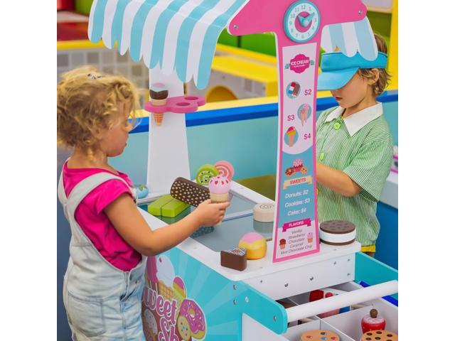 Lil Jumbl Wooden Sweet Treats Playset, Kids Play Pretend Dessert Stand Push Cart w/ 20+ Ice Cream Cone, Popsicle & Cupcake Accessories, Food...