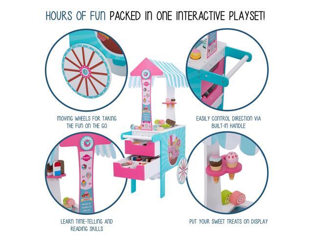 Lil Jumbl Wooden Sweet Treats Playset, Kids Play Pretend Dessert Stand Push Cart w/ 20+ Ice Cream Cone, Popsicle & Cupcake Accessories, Food...