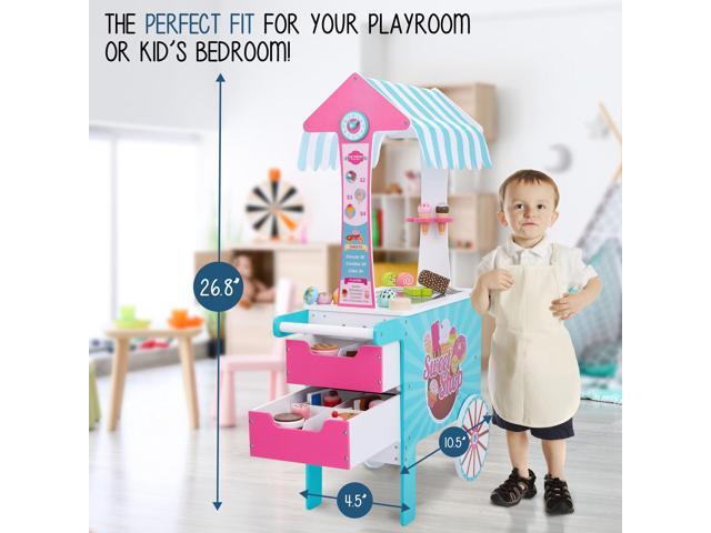 Lil Jumbl Wooden Sweet Treats Playset, Kids Play Pretend Dessert Stand Push Cart w/ 20+ Ice Cream Cone, Popsicle & Cupcake Accessories, Food...