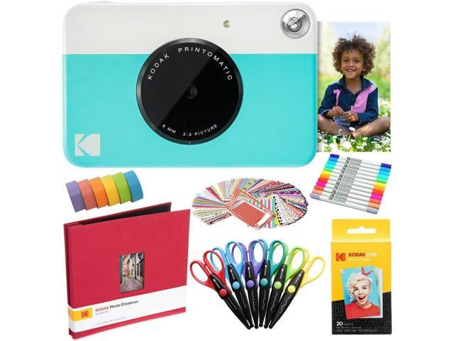 Kodak Printomatic Instant Camera (Blue) Art Bundle + Zink Paper (20 Sheets) + 8x8 Cloth Scrapbook + 12 Twin Tip Markers + 100 Border Stickers + 6...