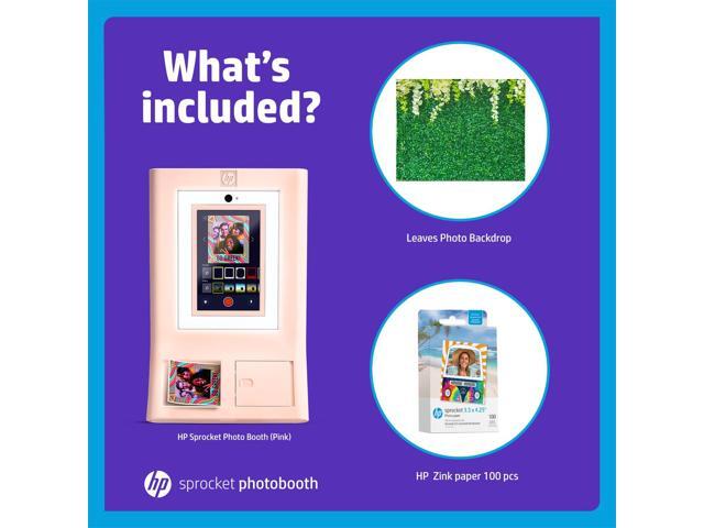 HP Sprocket Photo Booth Machine Instant Color Photo Printer (Pink) + Zink Paper (100 Sheets) + Leaves Photo Backdrop