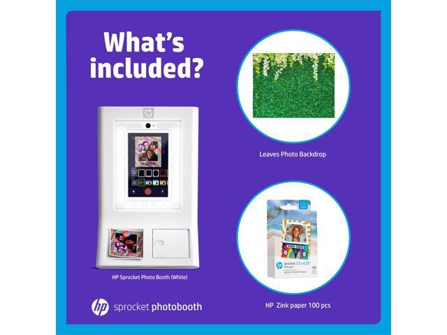HP Sprocket Photo Booth Machine Instant Color Photo Printer (White) + Zink Paper (100 Sheets) + Leaves Photo Backdrop