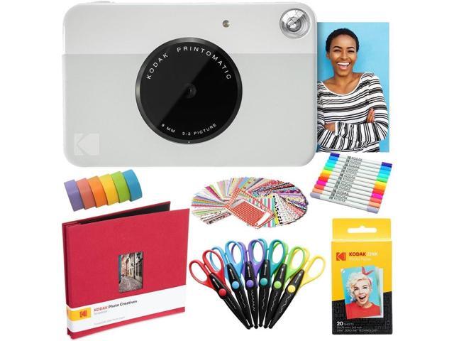 Kodak Printomatic Instant Camera (Grey) Art Bundle + Zink Paper (20 Sheets) + 8x8 Cloth Scrapbook + 12 Twin Tip Markers + 100 Border Stickers + 6...