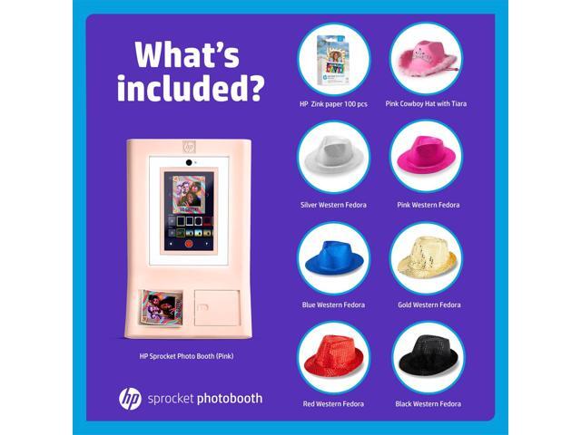 HP Sprocket Photo Booth Machine Instant Color Photo Printer (Pink) + Zink Paper (100 Sheets) + Fedora Bundle (x6) + Pink Cowboy Hat with Tiara